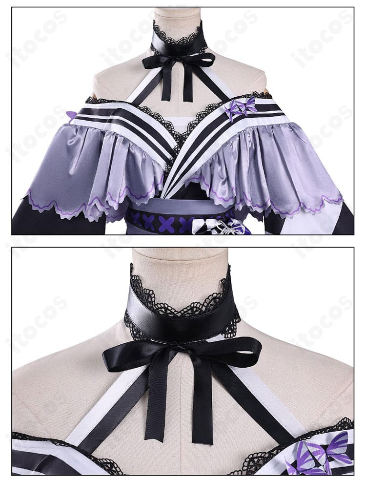 襟元とネックラインの装飾ディテール。モチーフ配置と縫製仕上げを近接で提示