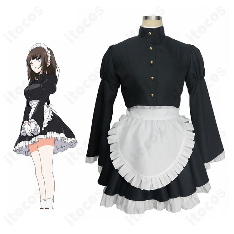 瑠璃川椿の公式風ビジュアルと並べたメイド服コスプレ一式の紹介画像。エプロンと背部蝶結び、髪飾りのディテールが分かる構図。