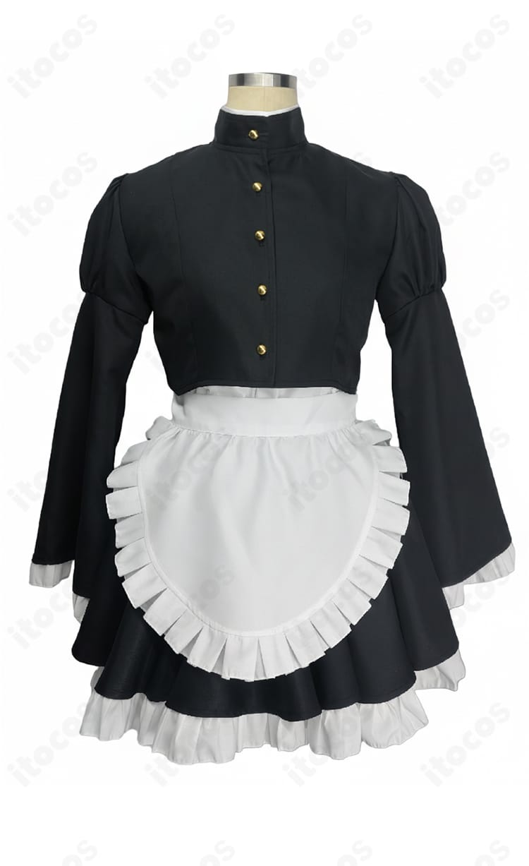 瑠璃川椿 メイド服コスプレ衣装の正面全体。トップス＋ワンピースにエプロンを重ねた清楚なシルエットと上品な配色。