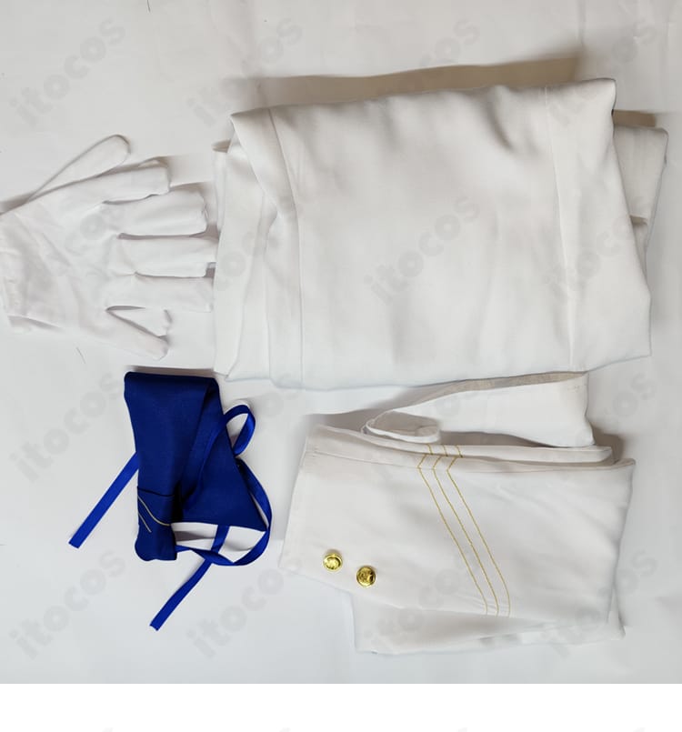 岩櫃アユム コスプレ衣装のセット内容。コート・ワンピース・手袋・ネクタイの4点を並べ、付属品構成が一目で分かる画像。