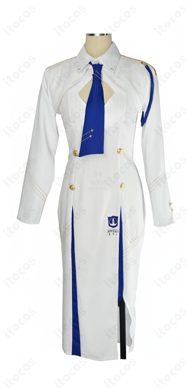 岩櫃アユム 通常制服コスプレ衣装の正面全体。コートとワンピースの端正なシルエットや配色のバランスが分かる画像。