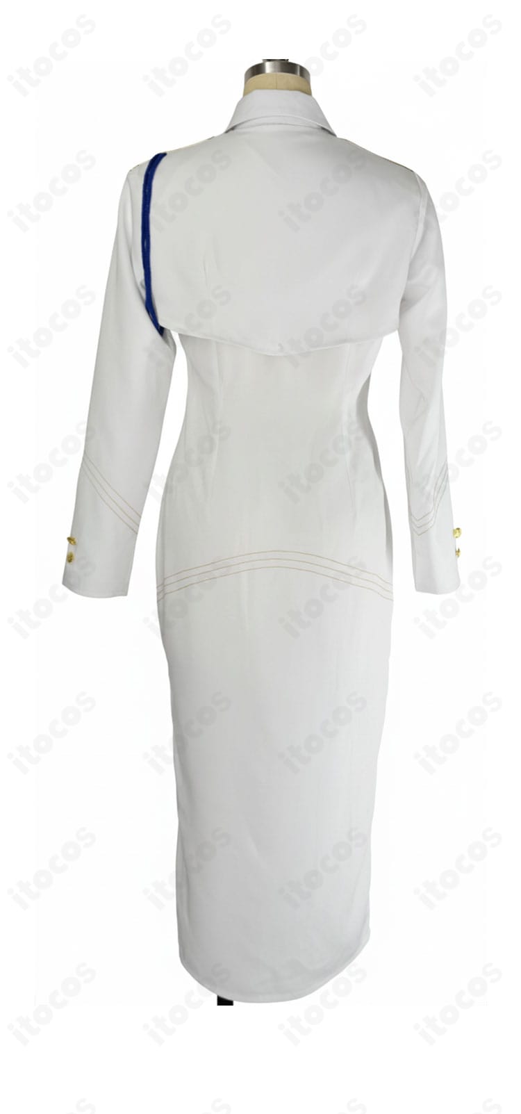 岩櫃アユム コスプレ衣装の背面。コートとワンピースの後ろ姿の落ち着いたデザインと全体バランスが分かる画像。