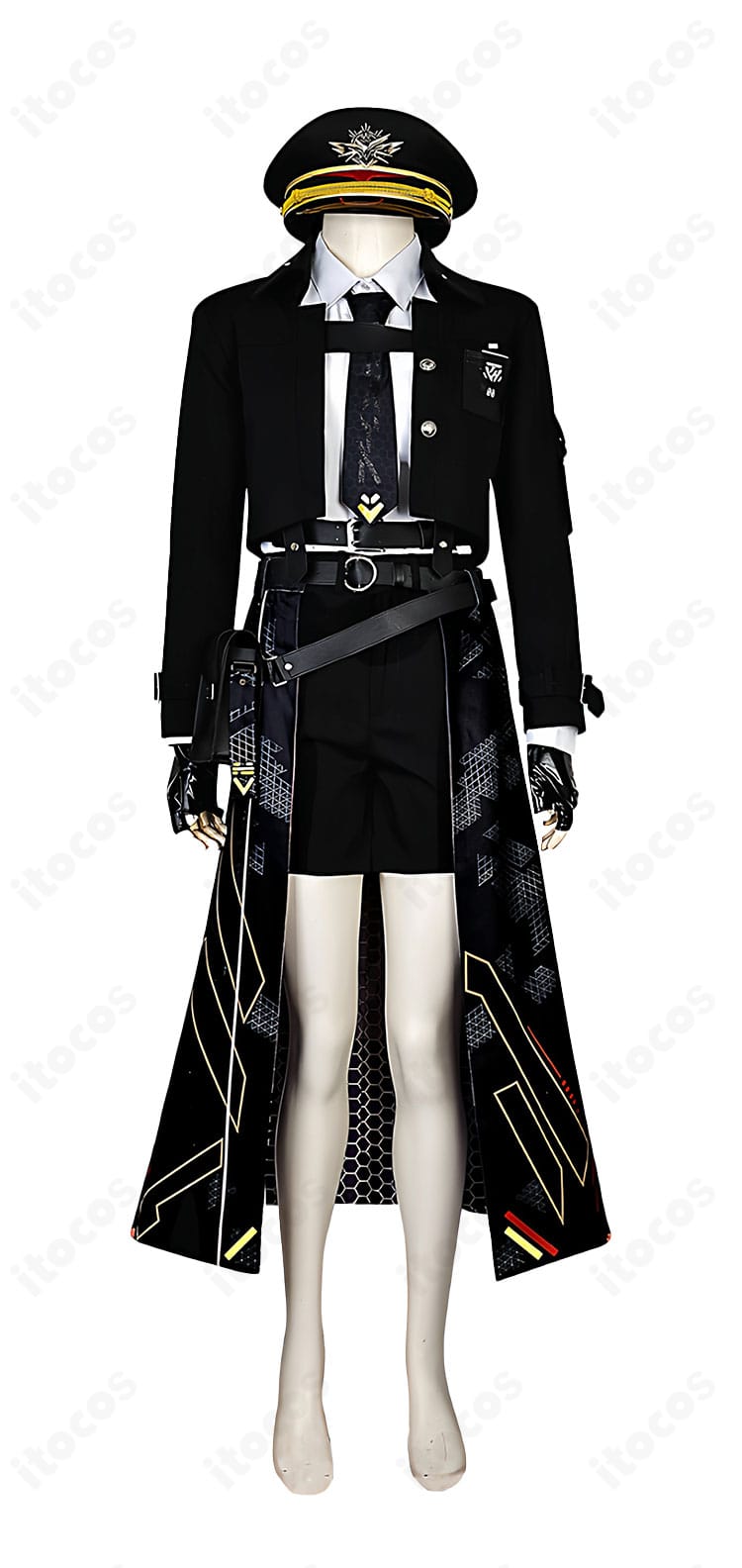 恋と深空 主人公 夜を切り裂く影コスプレの正面全体像。コートのシルエット、ネクタイ、ベルト構成など高再現ディテールが分かる正面デザイン画像。