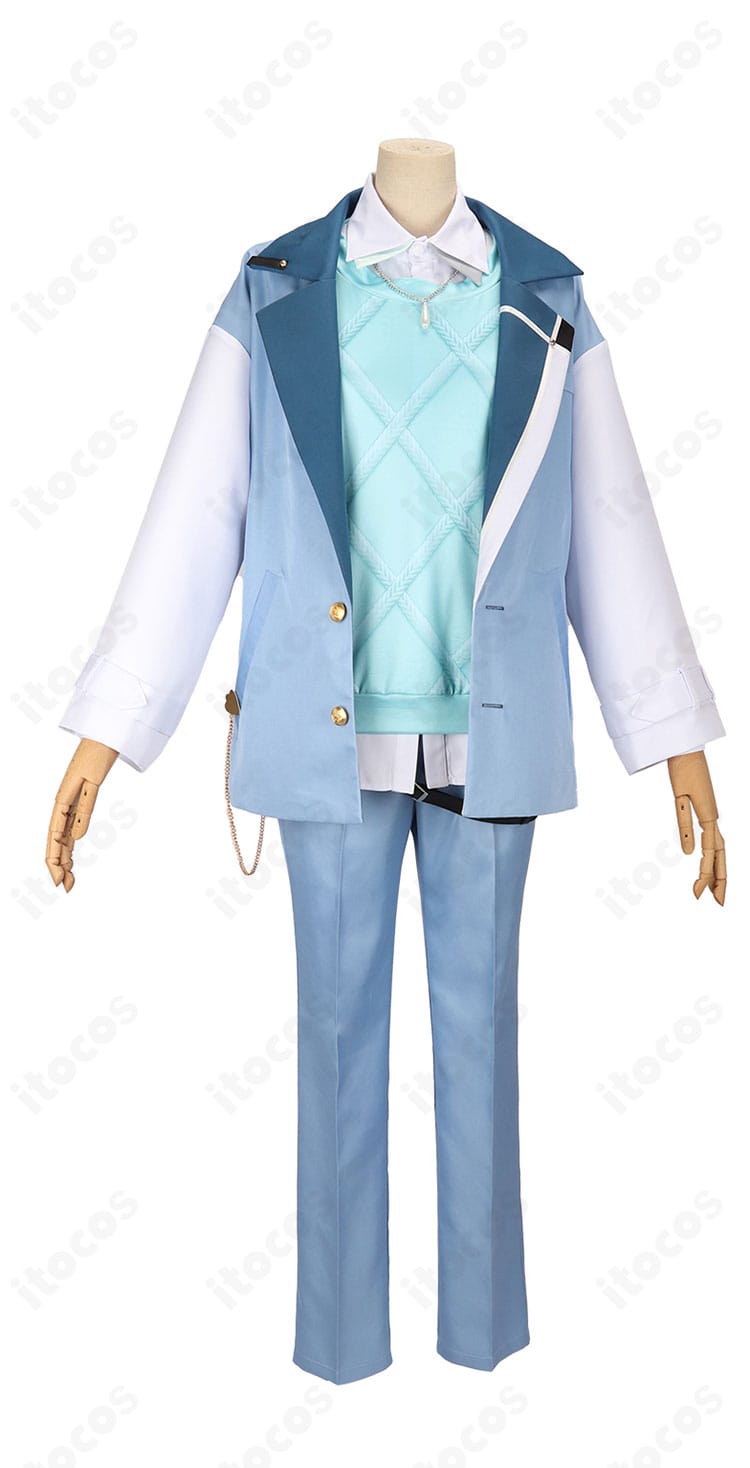 にじさんじ 城瀬いすみ デフォルト衣装 コスプレの正面全体。コート・ベスト・シャツ・ズボンの配色とボタン配置を高再現で確認できる画像