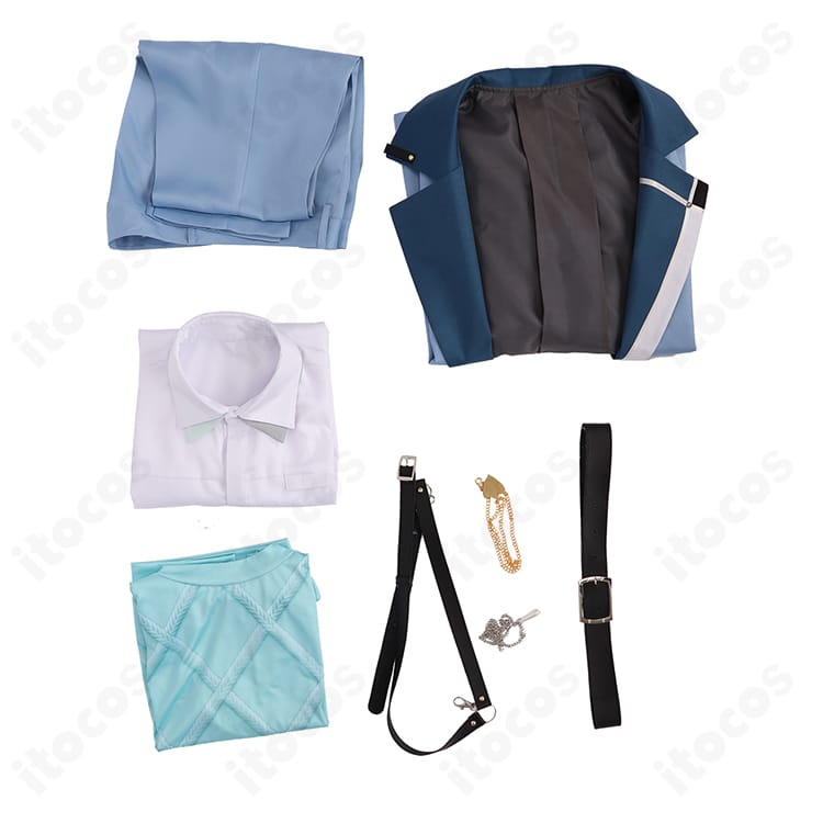 にじさんじ 城瀬いすみ デフォルト衣装 コスプレのセット内容一式。コート、ベスト、シャツ、ズボン、ベルト、ネックレス、飾りチェーンを並べた構成画像