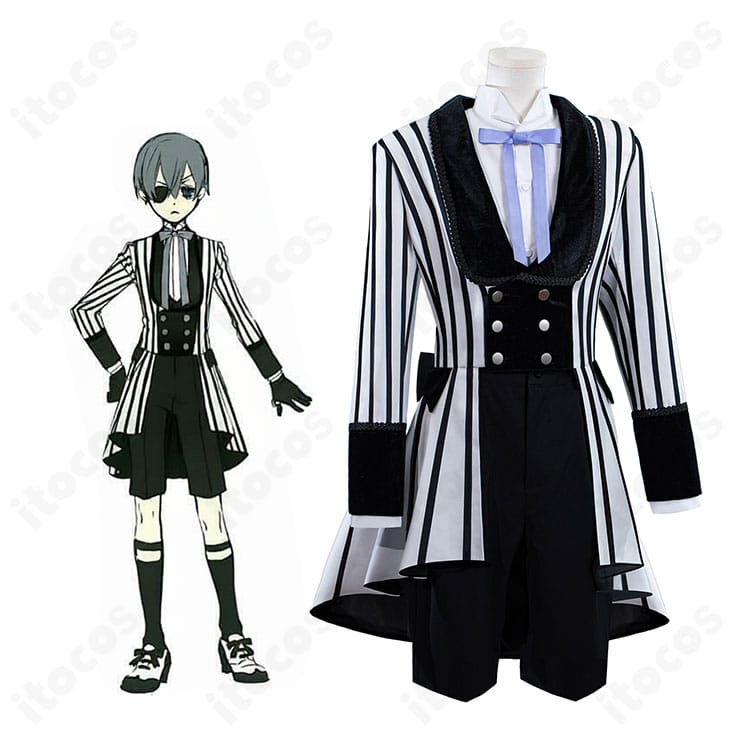 黒執事 シエル・ファントムハイヴ モノクロのキスVer.を着用した全身イメージ。黒白ストライプ礼装の気品ある佇まいと英国風デザインを強調。