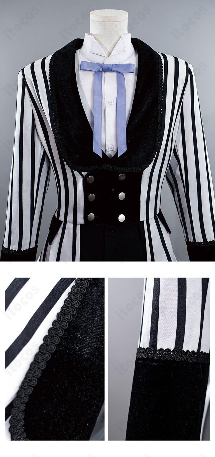 黒執事 シエル コスプレの襟元ディテール。ストライプ生地の切替と縫製ライン、前襟の意匠を近距離で捉えたアップ。