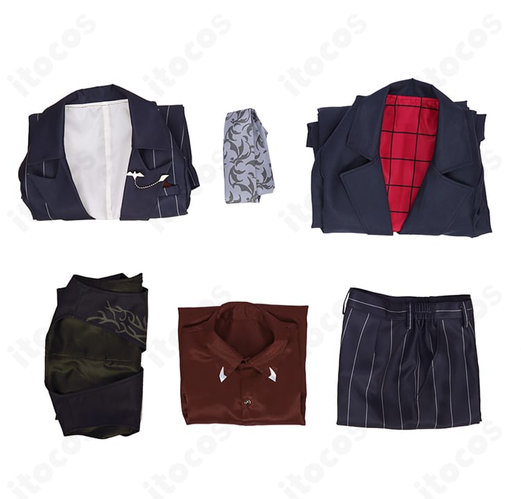 にじさんじ 葛葉 ONE SHOT コスプレ衣装のフルセット内容展示。トレンチコート、シャツ、ベスト、ズボン、ネクタイの構成が一目で分かる配置。