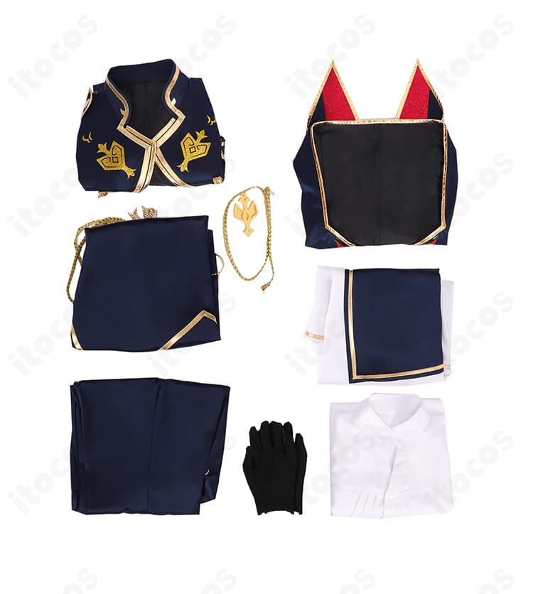 にじさんじ 葛葉 5th Anniversary 共通ステージ コスプレ衣装のセット内容一式。コート、マント、ベスト、ズボン、腰布、シャツ、手袋、腰飾りを並べて表示。