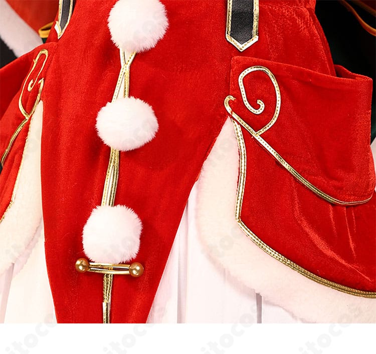 Re:ゼロ エミリア クリスマス記念コスプレ衣装のフロントボタンと前開き仕様ディテール。着脱しやすい構造を示す写真。