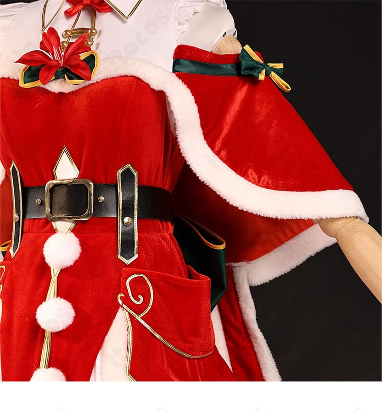 Re:ゼロ エミリア クリスマス記念コスプレ衣装のウエスト装飾リボン詳細。差し色のバランスと縫い付け位置が分かる画像。