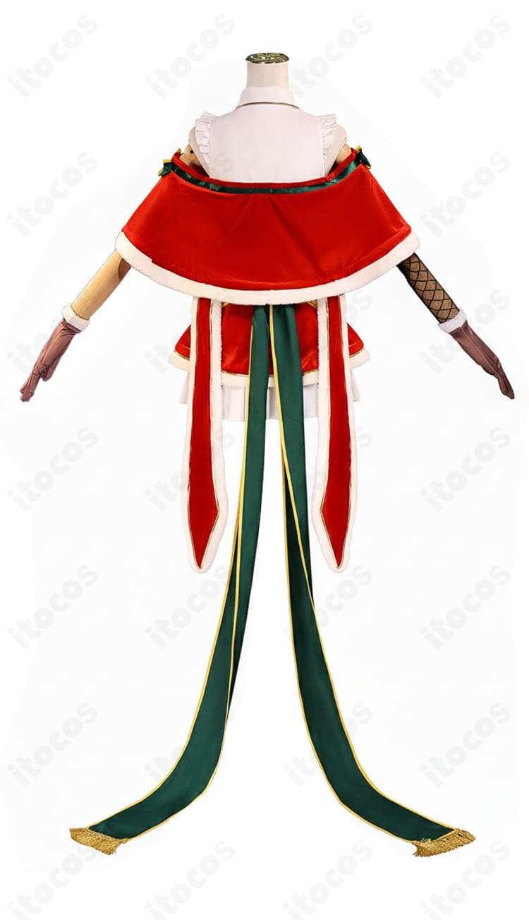 Re:ゼロ エミリア クリスマス記念コスプレ衣装の背面全身。大きな背部蝶結びとケープ風デザイン、リボン装飾の確認画像。