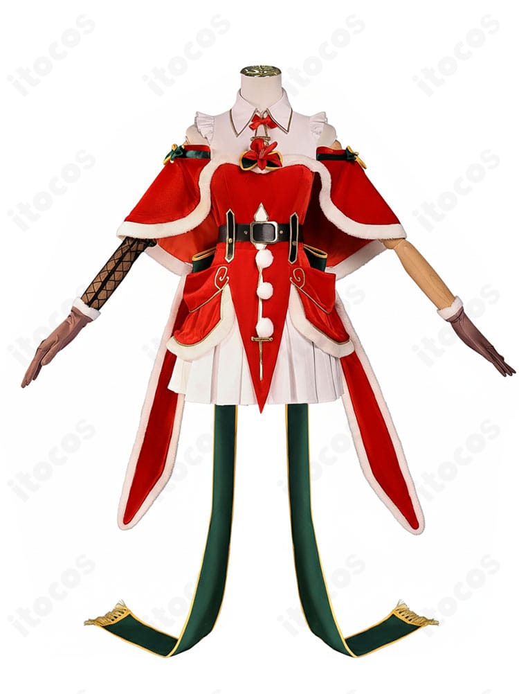 Re:ゼロ エミリア クリスマス記念コスプレ衣装の正面全身。ワンピースとリボン配置、シルエットが分かる撮影会向け画像。