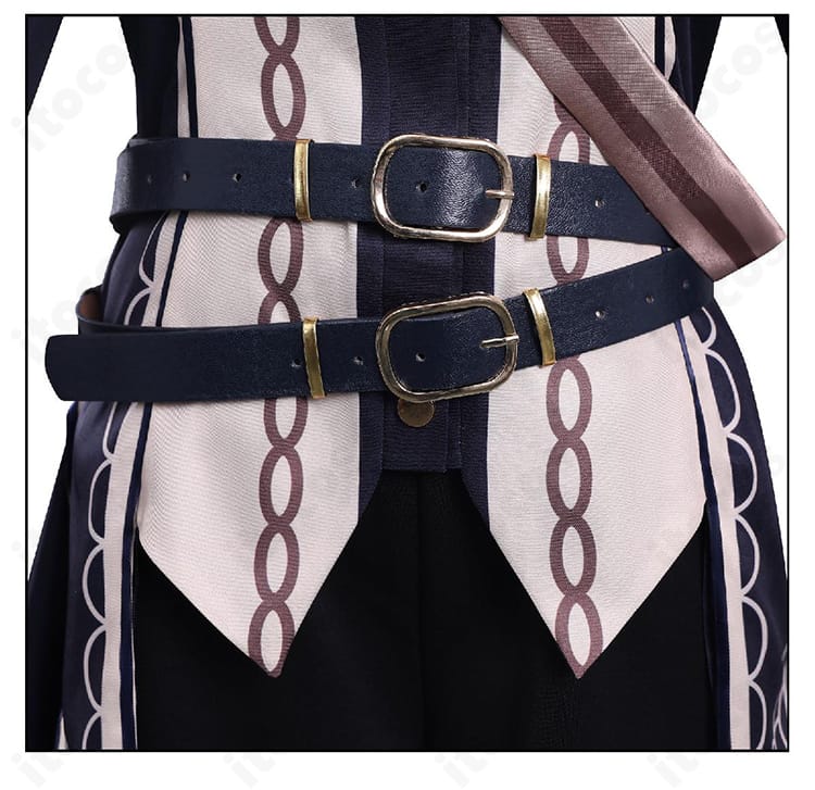 蓮見レイア衣装のベルトディテール。軍服風デザインの要素と留め具の雰囲気を表現