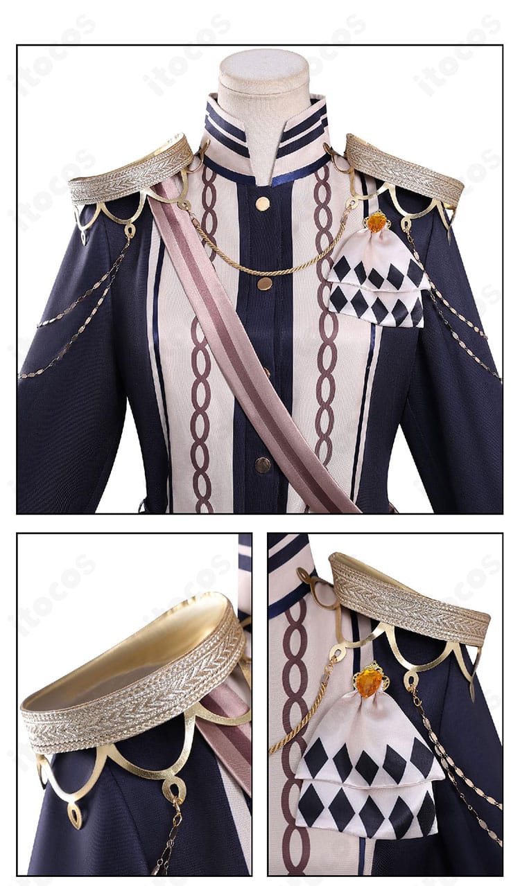 蓮見レイア衣装の襟元と肩装飾のディテール。端正な襟と縁取りの仕上げが見える近接写真