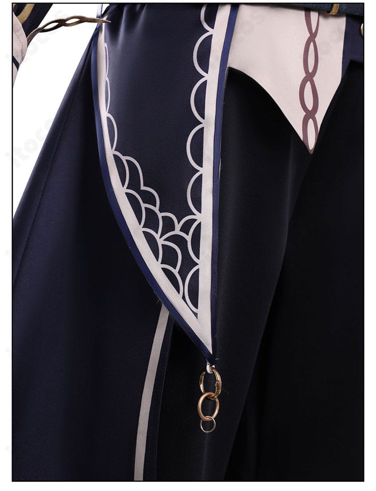 蓮見レイア衣装の衣角と縁取り装飾ディテール。ラインのコントラストと仕立てを確認