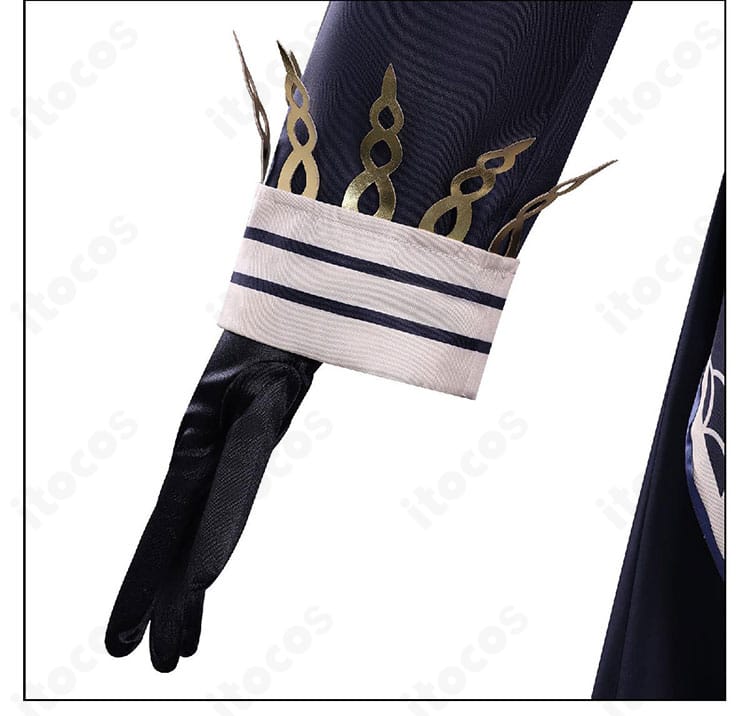 蓮見レイア衣装の袖口ディテール。均一なステッチと装飾の仕上がりを近距離で表示