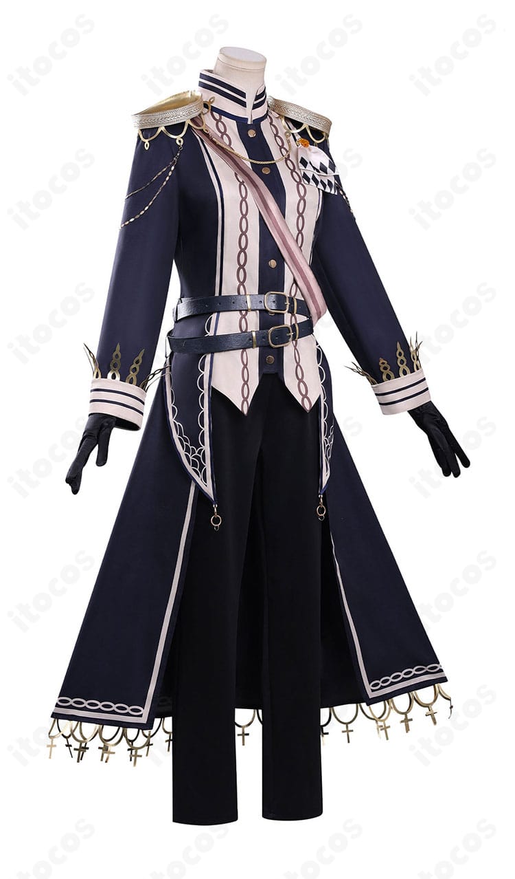 蓮見レイア コスプレ衣装の側面写真。直線的なラインと肩飾りのボリューム感を確認できる