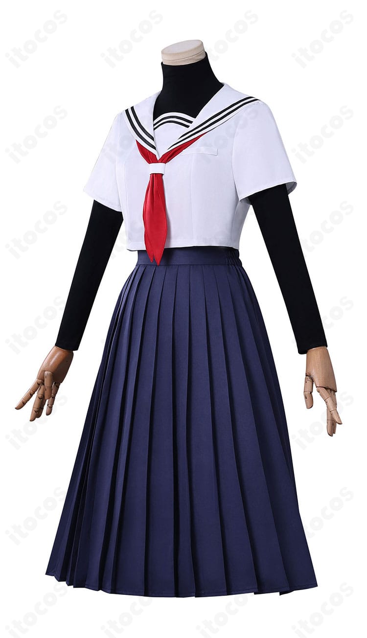 側面ビューの着用イメージ。ウエストラインとスカートの落ち感、肩飾り位置が自然に見えるシルエット。