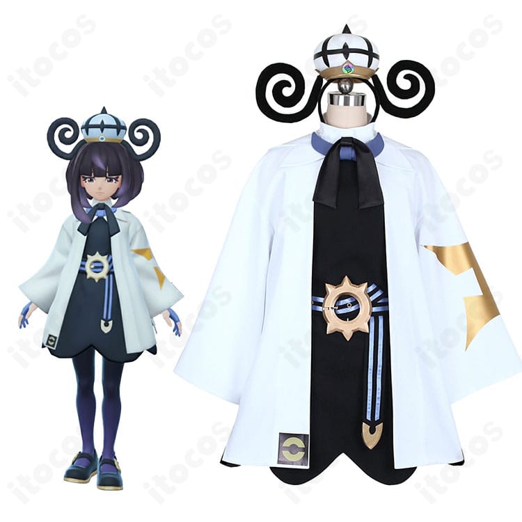 ムクのフルコーデ一式を着用したキャラクターイメージ。コート×ワンピースと髪飾りの都市的スタイルが分かる全身画像。