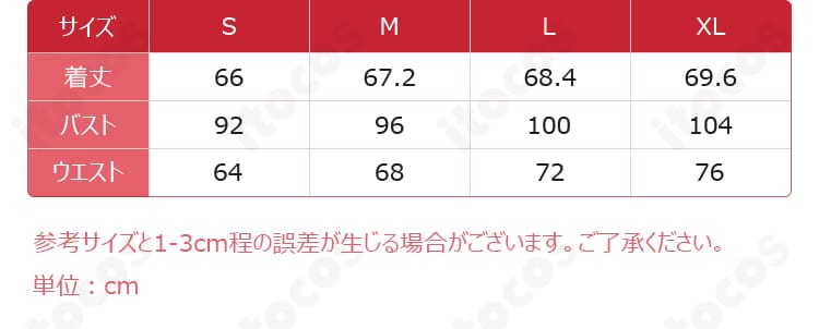 惣流・アスカ・ラングレー クリスマス衣装のサイズ表とセット内容（ワンピース・ベルト・手首飾り・つけ襟）を示す説明画像。