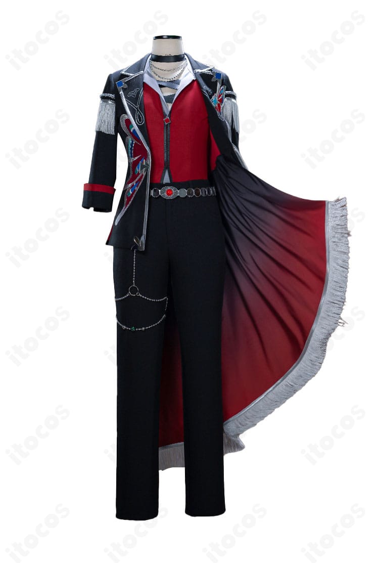 荒地の翅コスプレ衣装の正面全体。コートとベスト、装飾の配置が分かる画像