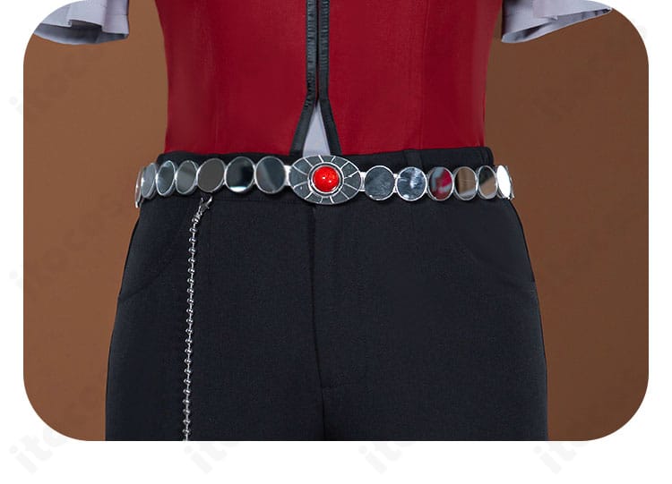 ズボン腰周りの装飾ディテール。ベルトループとステッチが見えるクローズアップ