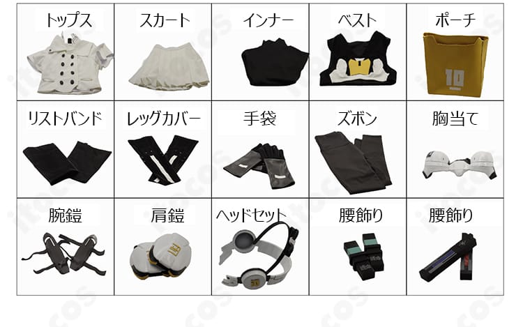 セット内容一覧（トップス、スカート、インナー、ベスト、ズボン、ポーチ、リストバンド、レッグカバー、手袋、胸当て、腕鎧、肩鎧、ヘッドセット、腰飾り）のレイアウト