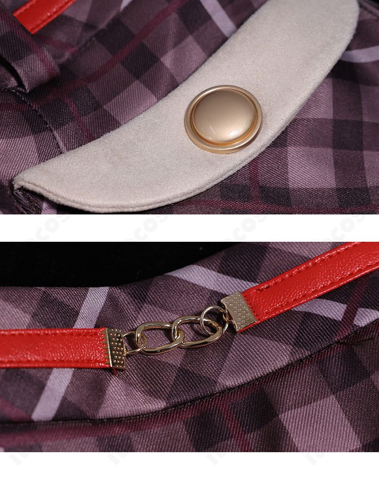 細いストラップとポケットの装飾ディテール。ステッチの走りと金具の質感、配置バランスをアップで撮影。