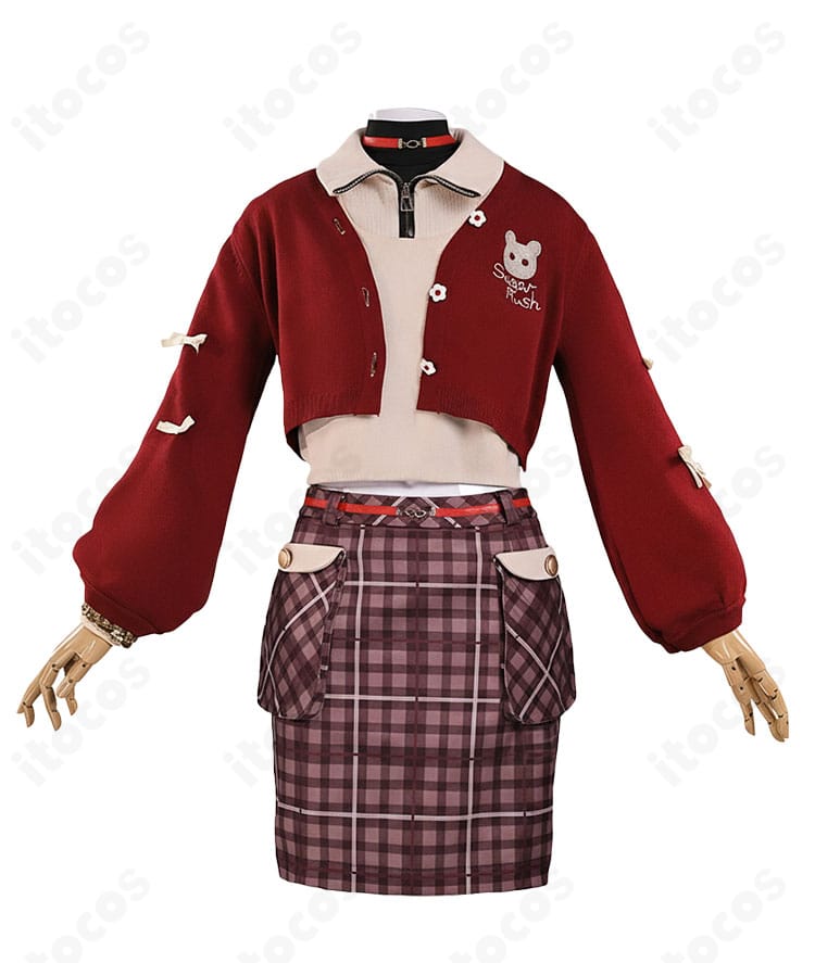 星街すいせい miCometベアブランド衣装の正面全体。コート、つけ襟、トップス、スカートのシルエットと配色が分かる。