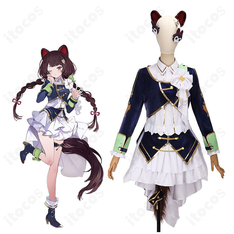 戌亥とこ 5周年共通衣装のフルコーデ着用イメージ。高コントラスト配色のコートと小物でセレモニー感を再現。