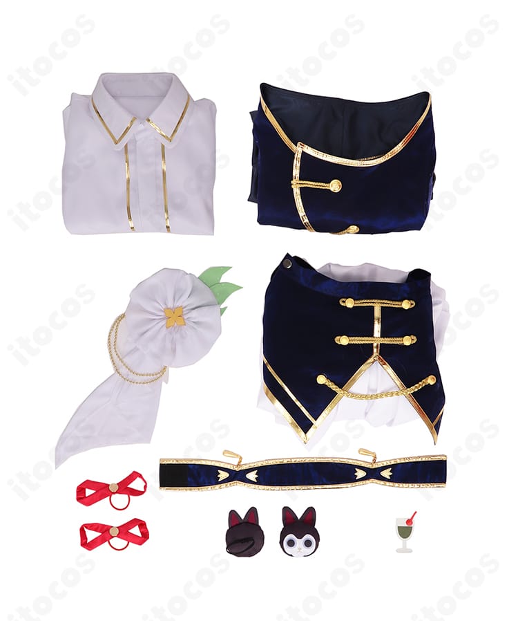 セット内容一式（コート、シャツ、スカート、胸飾り、太もも飾り、髪飾り）を並べた画像。付属品の構成が一目で分かる。