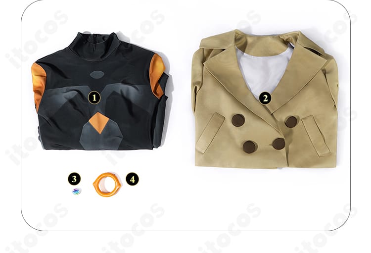 セット内容一覧。コート・ボディスーツ・胸飾り・髪飾りのレイアウト