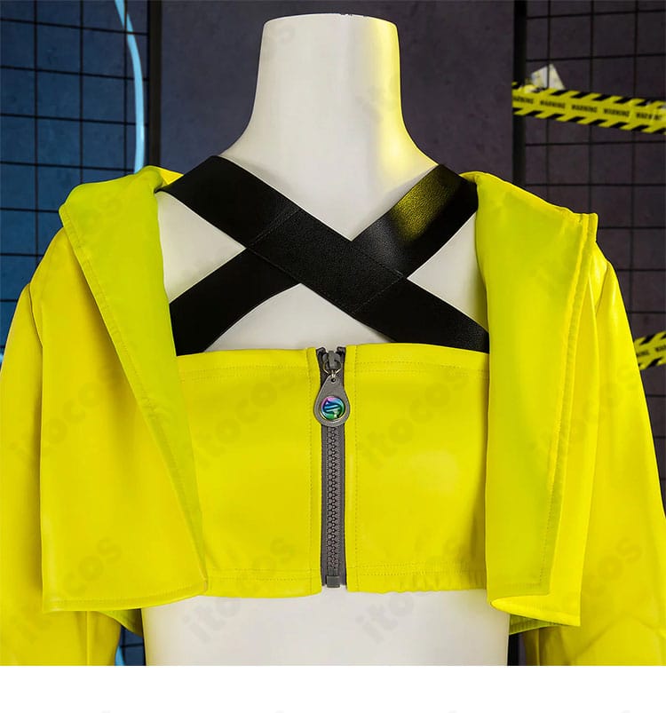 パーカーの襟元とネックライン装飾のクローズアップ