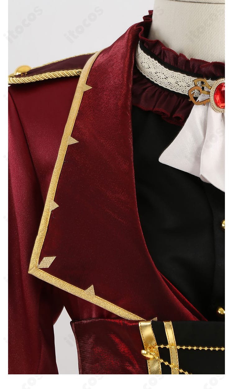 衣領の装飾ディテール。襟元の形状とトリムの仕上げを示す