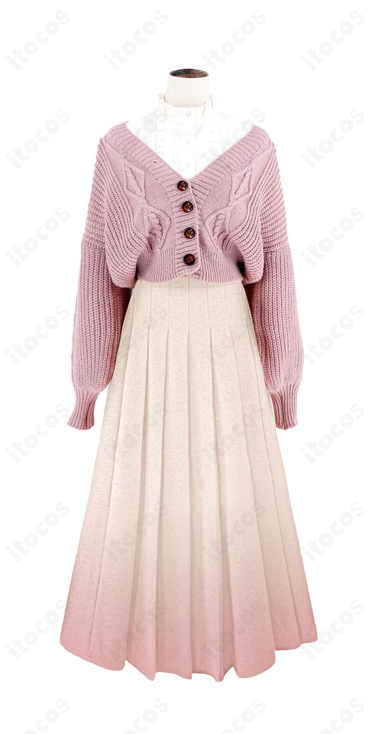 和栗薫子 私服コスプレ衣装の正面カット。白シャツとプリーツスカート、カーディガンのシルエットと質感が分かる構図