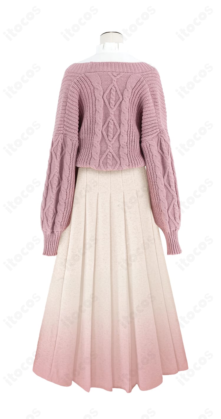 和栗薫子 私服コスプレ衣装の背面カット。カーディガンの丈感とスカートのラインを確認できるアングル