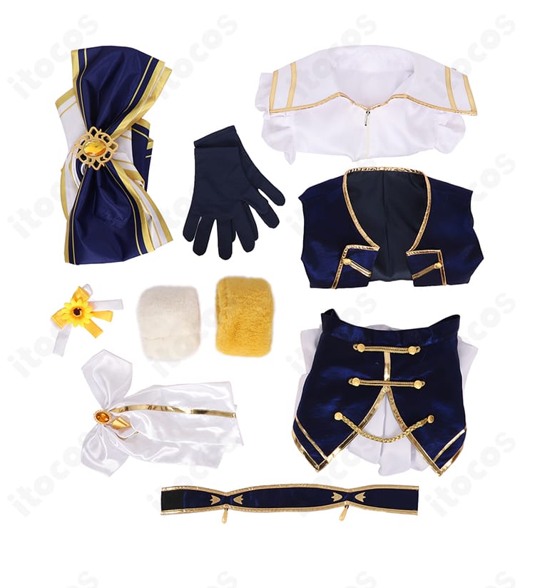 本間ひまわり 共通衣装セット内容一式。トップス、スカート、ベスト、背部蝶結び、手首飾り、スカーフ、太もも飾り、髪飾りを並べた構成