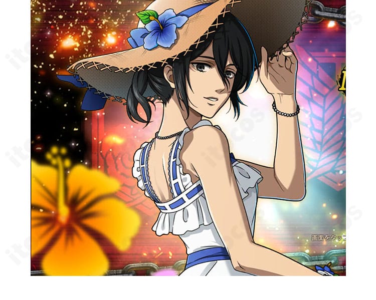 ミカサ・アッカーマン 楽園コスの帽子アクセサリー詳細。ステッチと質感が分かる近接ディテール