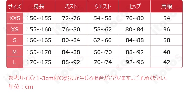 千早愛音『端程山』衣装のサイズ表。XXS・XS・S・M・L・オーダーメイドの寸法ガイド