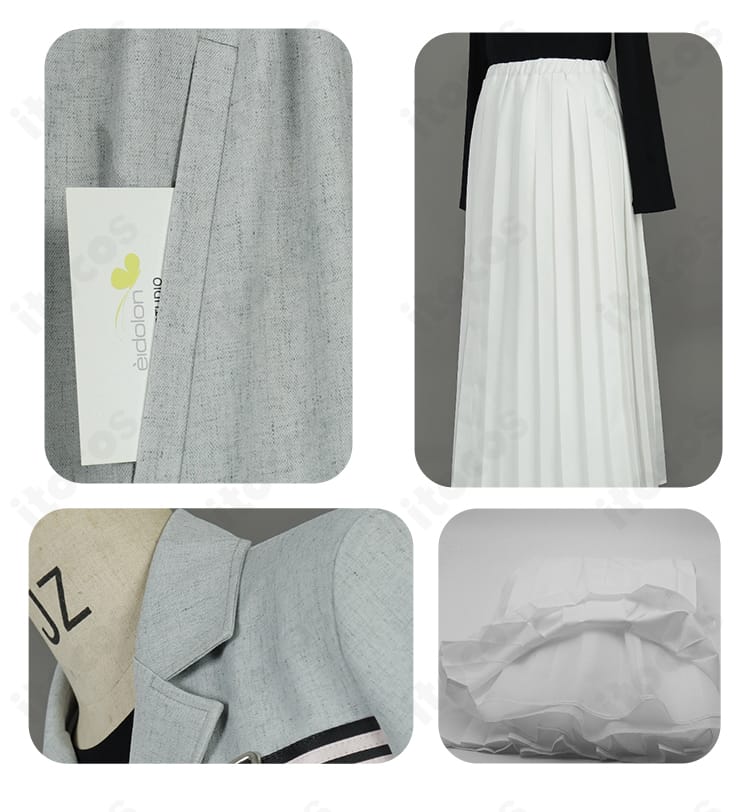 千早愛音『端程山』衣装の装飾全体。コート・上着・スカートの質感と意匠をまとめて見せるディテールショット