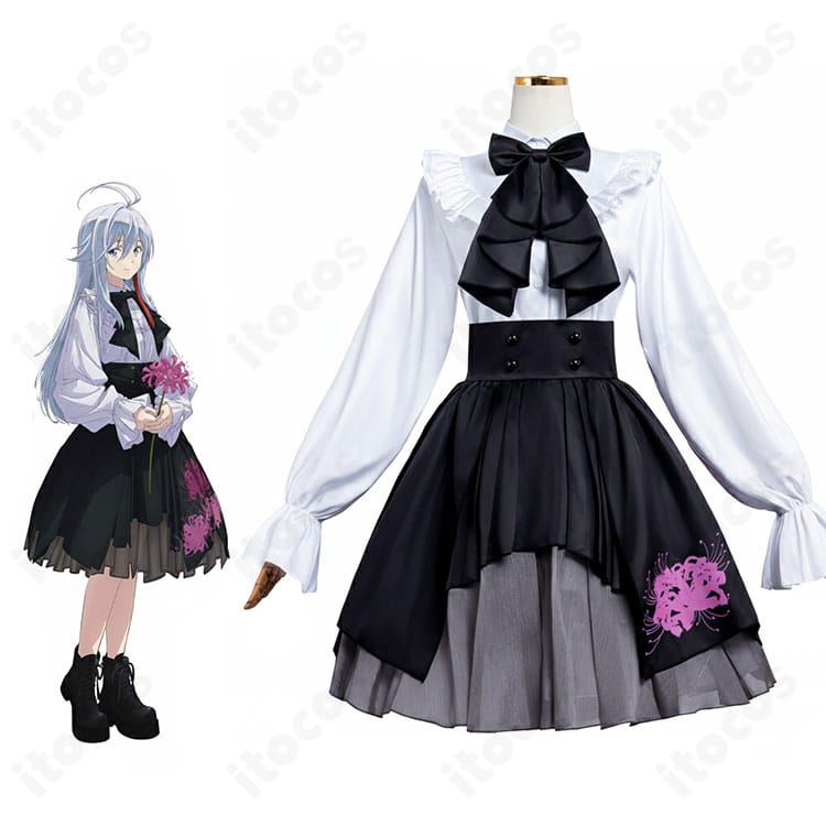 86-エイティシックス- ヴラディレーナ・ミリーゼの制服コスプレをモデルが全身着用した画像。清楚なシャツと黒リボン、スカートのシルエットが分かる。