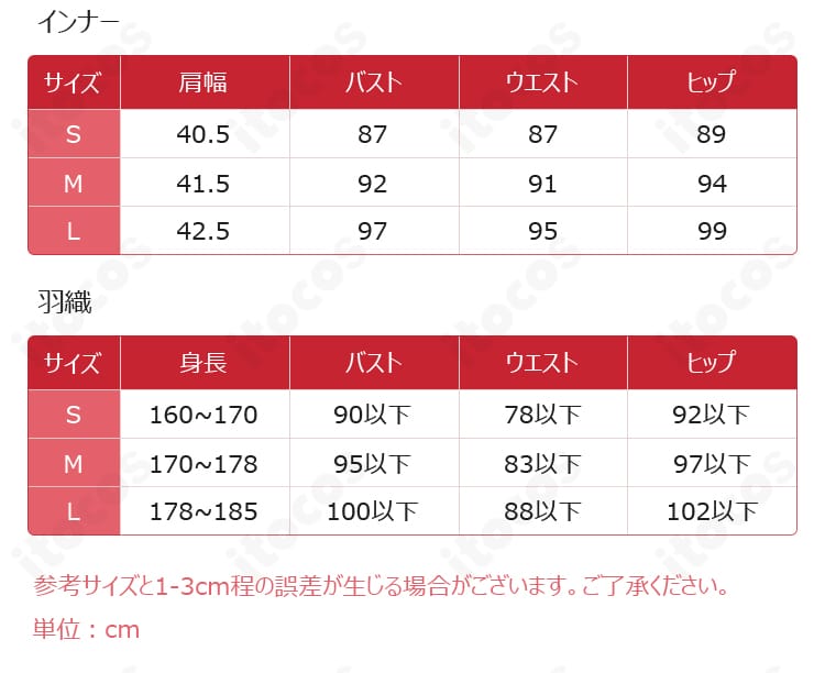 坂本喜八 コスプレ衣装のサイズ案内。S・M・L各寸法の確認用ガイド。