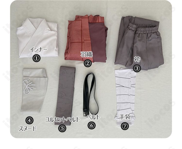 坂本喜八 コスプレ衣装7点セット内容の一覧。羽織・インナー・袴・スヌード・コルセットベルト・ベルト・手袋を配置。