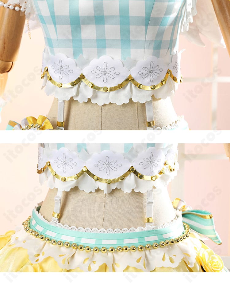 ウエスト周りの装飾ディテール。腰蝶結びとフラワーの配置、シェイプ効果を示す