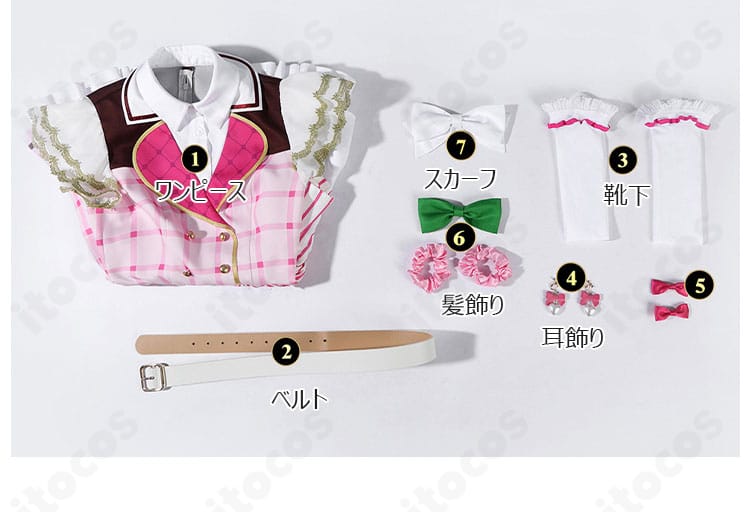 セット内容一式（ワンピース・ベルト・靴下・耳飾り・髪飾り・スカーフ）の平置き画像