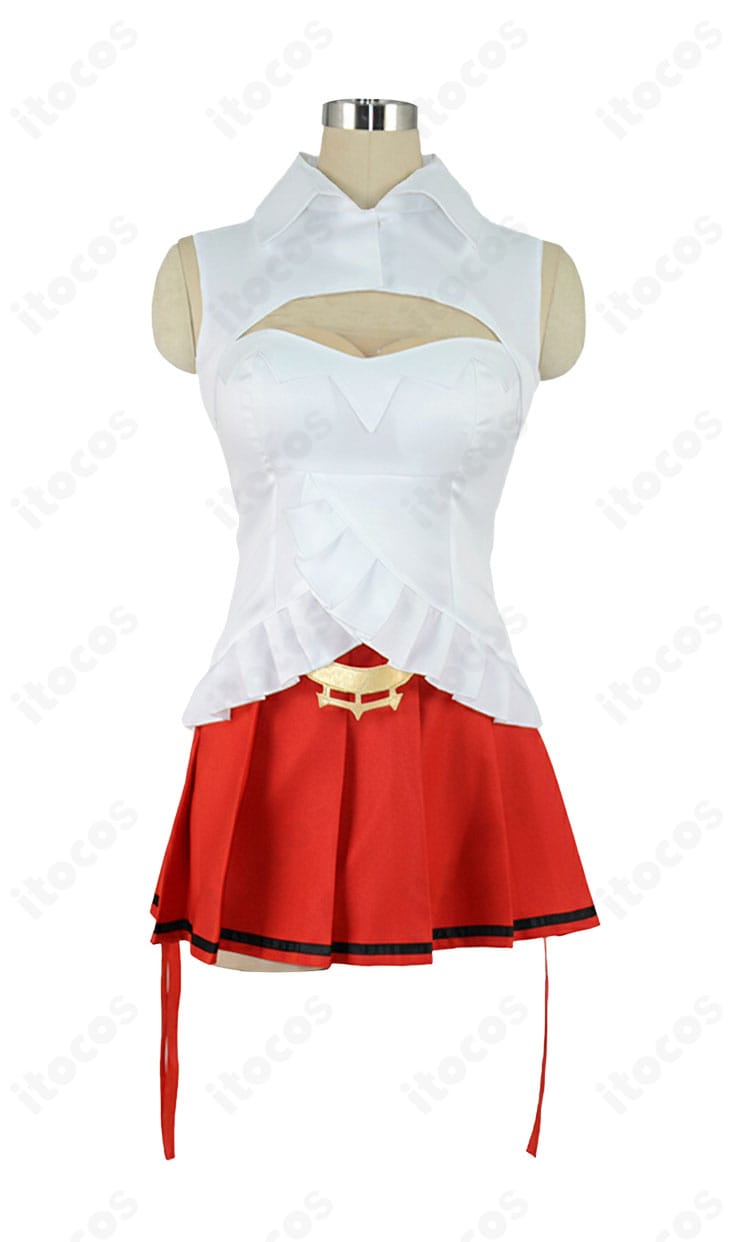 上衣とスカートの正面細部。襟飾りや太もも飾り、縫製のラインを近距離で示したディテール画像。