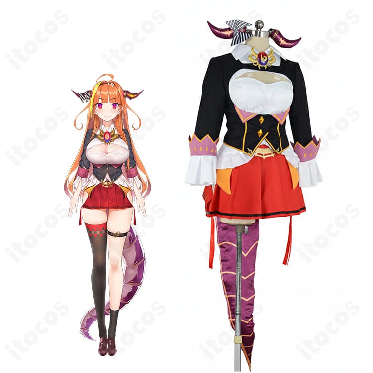 桐生ココ 四代目会長コスプレを着用した全身画像。角と尻尾を含むフルセットの雰囲気が分かるイメージ。