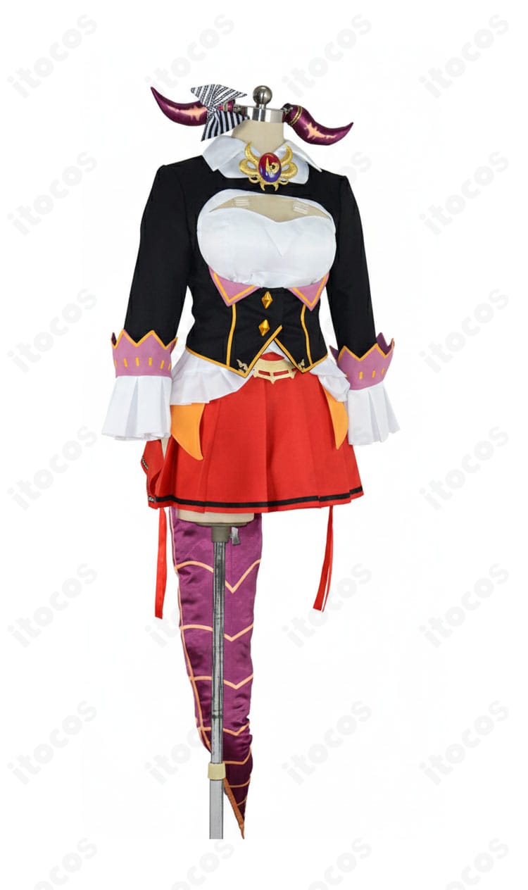 桐生ココ 四代目会長衣装の正面全体。コート・トップス・スカートのシルエットと配色を確認できる画像。