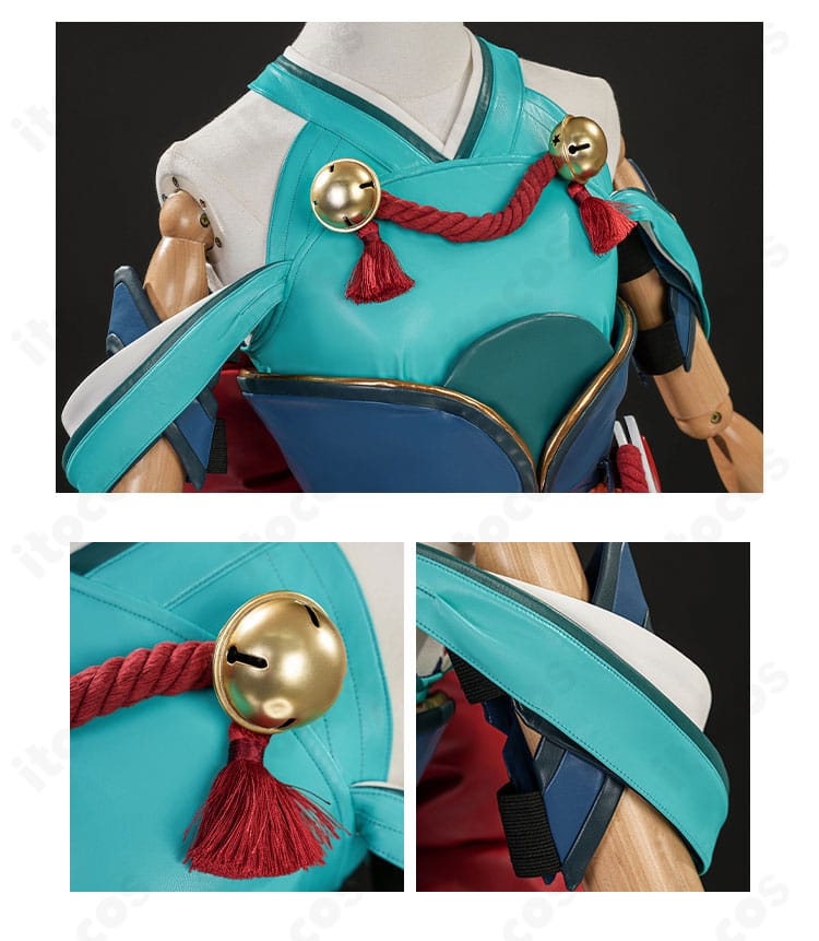 衣襟の鈴と袖口の装飾ディテール。質感と配色の近接アップ